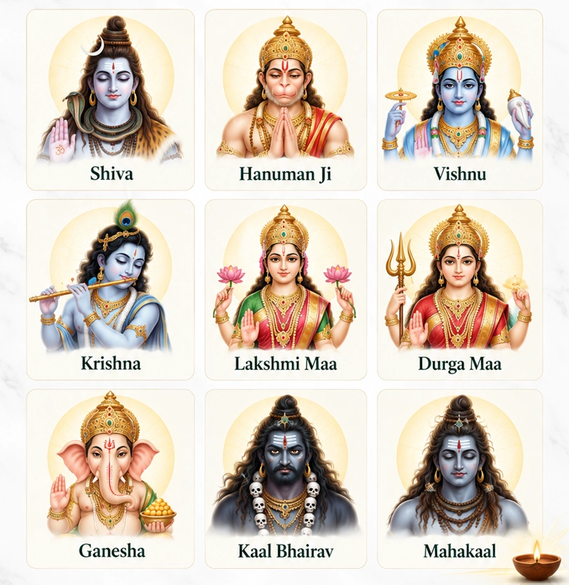 Shiva, Hanuman Ji, Vishnu, Krishna, Lakshmi Maa, Durga Maa, Ganesha, Kaal Bhairav and Mahakaal